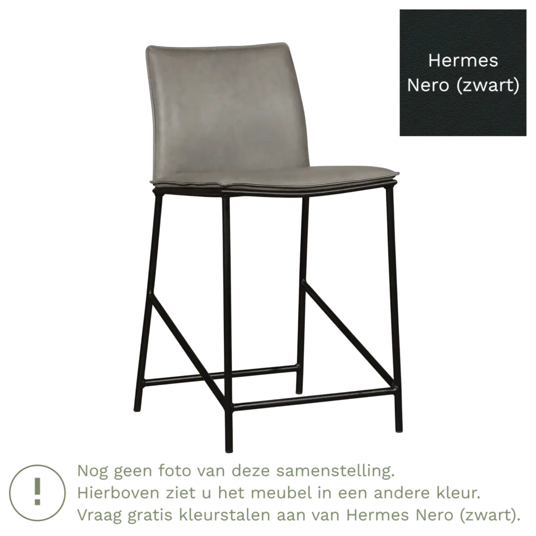 afbeelding van Leren barkruk laag Favor - Hermes Nero (zwart) - poten staal rond zwart